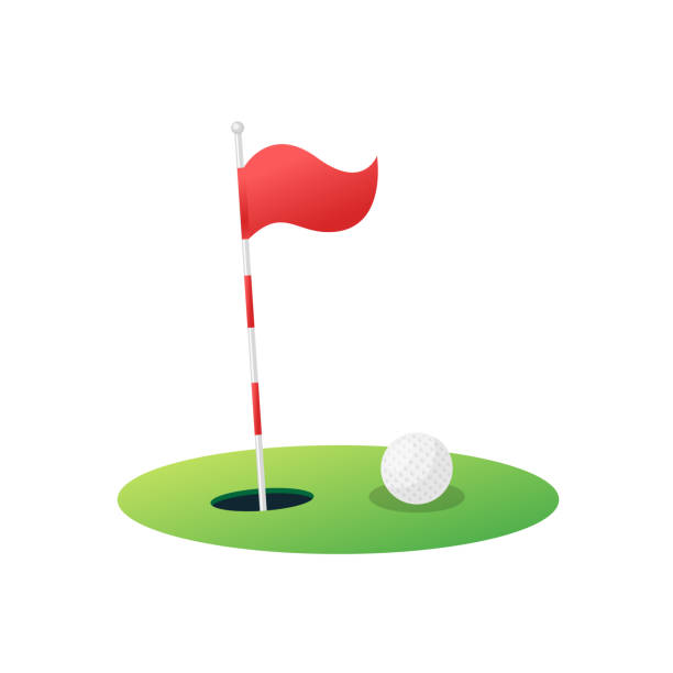 golffahne und ball auf dem rasen isoliert auf weißem hintergrund. roter golfwimpel. - golf club golf iron isolated stock-grafiken, -clipart, -cartoons und -symbole