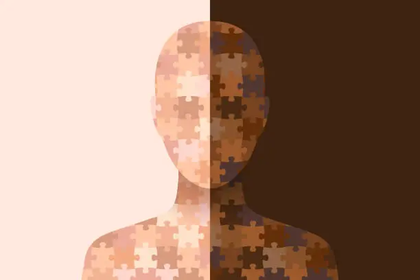 Vector illustration of Silhouettes with dark and light skin assembled from puzzle pieces