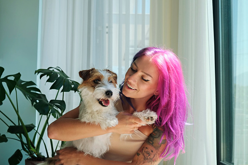 Young beautiful woman with pink hair hugging with her wire haired jack russell terrier at home. Broken coated pup in arms of smiling female. Close up, copy space, background.