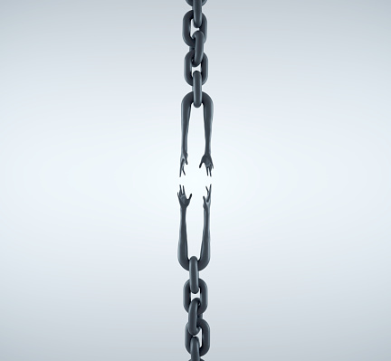 Broken chain with arms reaching to eachother. Support and team work concept. This is a 3d render illustration