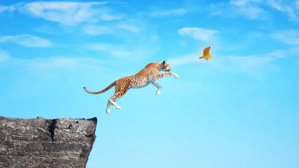 Cheetah jumping off a cliff for a bird . Trap and risk concept. This is a 3d render illustration