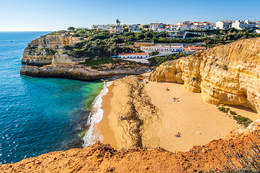 Beautiful Benagil town and Benagil beach by the Atlantic Ocean in Algarve, Portugal