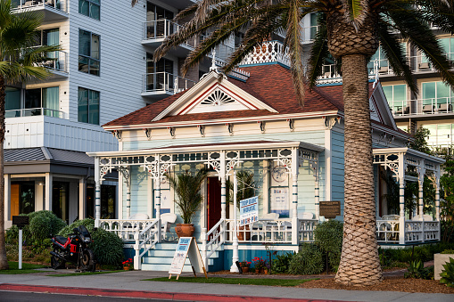 Oceanside, California, USA - November 17, 2022: Built in 1887, the Graves House is one of the oldest homes in the San Diego area, and it now has a new life as the High Pie at the Top Gun House, a dessert-driven eatery at Mission Pacific Hotel in Oceanside, California