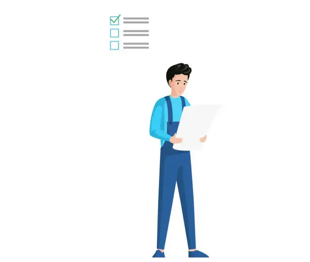 Vector illustration of Country boy in blue jumpsuit works with paper document. Man looks at check sheet, work plan