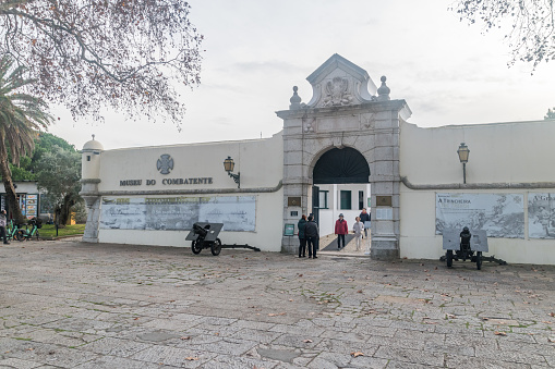 Lisbon, Portugal - December 4, 2022: View of the entrance to the fort of Bom Sucesso, now houses the Museu do Combatente (Combatants museum).