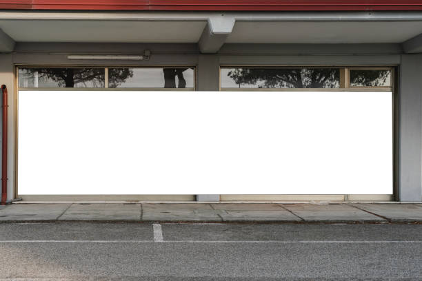 Long white commercial banner fixed on showcase of store