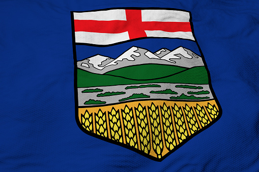 Full frame close-up on a waving flag of Alberta (Canada) in 3D rendering.