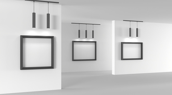 Empty art gallery with blank picture frames illuminated by spotlights 3d render. Interior of museum or studio room with white posters in black borders and lamps for artwork exhibition. 3D illustration