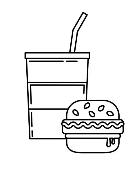 Vector illustration of Thin Line Fast Food Icon. Soda And Hamburger