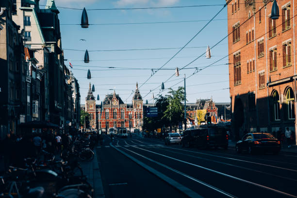 istock Empty road with tramway in urban area 1473956049