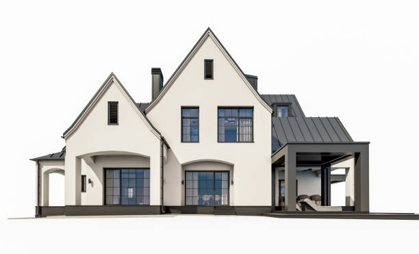istock 3d rendering of white and black modern Tudor house isolated on white 1473957629