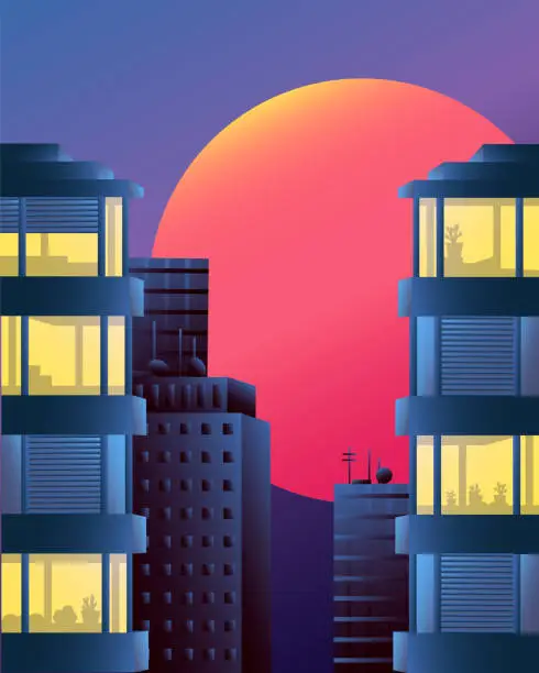 Vector illustration of Night city print. High-rise buildings, moon, dark sky and luminous windows. Vector with gradient fill.