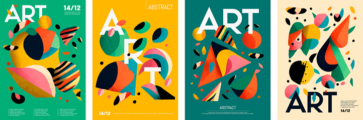 Collection of abstract modern art posters illustration. Set of geometric shapes and colorful spots on flat color background. Used for flyer, cover and exhibition poster.