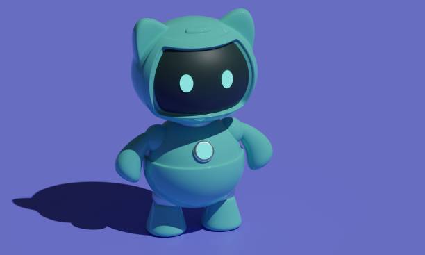 Turquoise cute robot cat toy on lilac background with copy space. 3d rendering