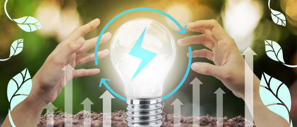 istock light bulbs with renewable energy from natural light to generate electricity and use sustainable energy concept. development, Natural Energy, copy space, banner, website -3d Rendering 1473962172