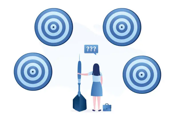 Vector illustration of Businesswoman with big dart standing in front of targets. Woman chooses right path to success. Achievement of goals. Female character back view in trendy style. Business scene.