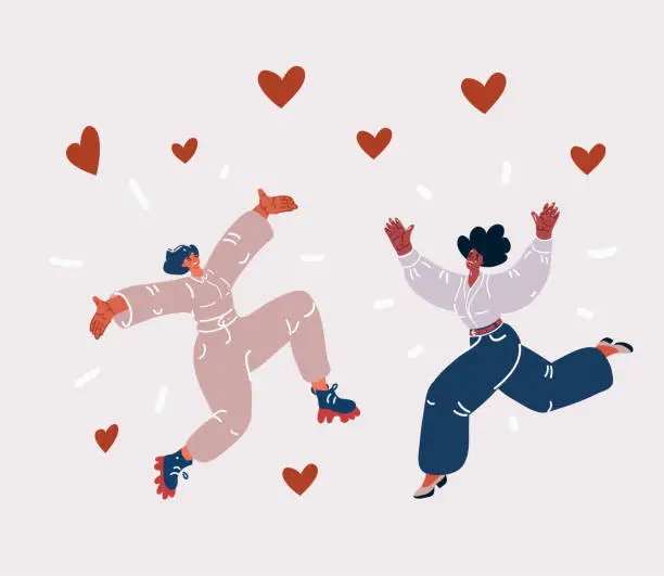 Vector illustration of Vector illustration of Two women have met. Meeting of friends. Happy jumping women