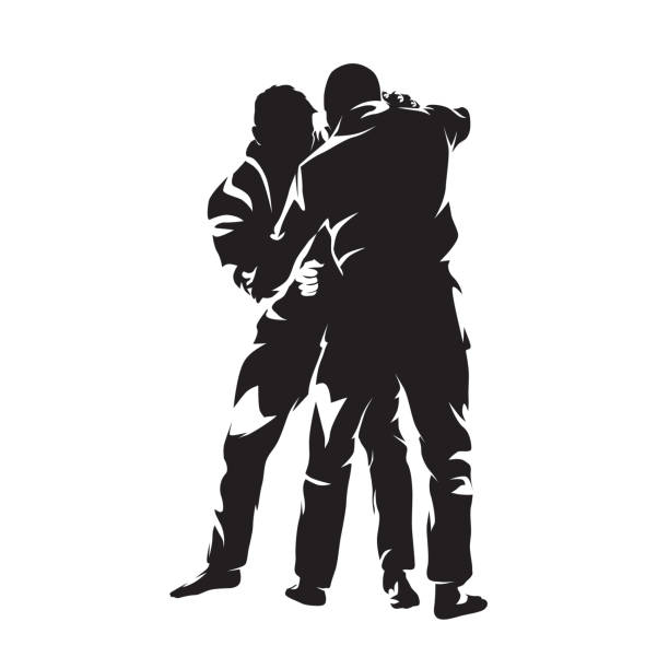Judo fighters, combat sport abstract isolated vector silhouette, ink drawing. Two men Judo fighters, combat sport abstract isolated vector silhouette, ink drawing. Two men wrestling logo stock illustrations