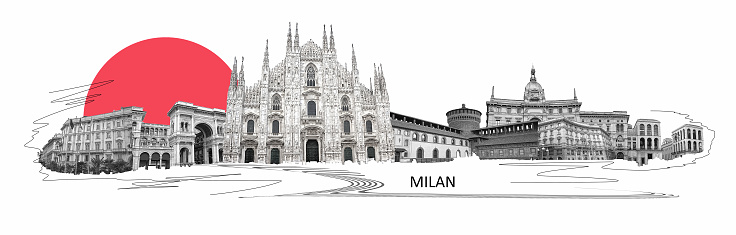 Photo collage from Milan, Italy. Collage includes major landmarks like the castle, cathedral. Art design