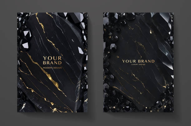 Luxury black marble texture set. Natural precious stone (gem) pattern - dark background with gold lines for formal invitation template Also useful for greeting card, expensive invite design, prestigious surface funeral expense stock illustrations