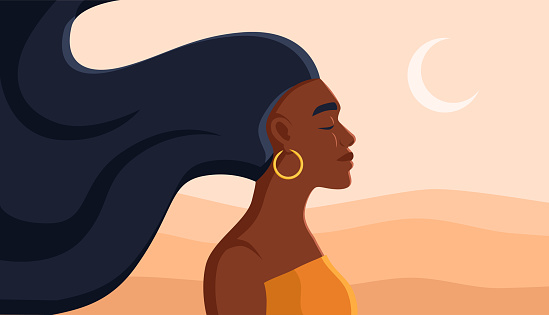 Black woman profile face, vector portrait, African woman in the desert illustration.