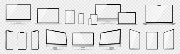 velká realistická sada počítače, notebooku, tabletu a smartphonu. kolekce návrhů obrazovky zařízení. realistický maketa počítače, notebooku, tabletu, telefonu se stínovým vektorem. - umělý stock ilustrace