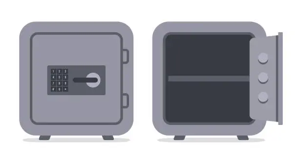 Vector illustration of Closed bank safe and open empty safe. Vector.