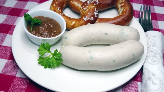 Two munich white sausages, pretzel and sweet bavarian mustard, on plate