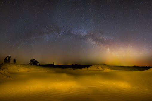 sandy desert under starry sky with milky way, night outdoor landscape
