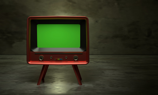Vintage TV Television Green Screen, widescreen old television vintage style, 3D Rendering.
