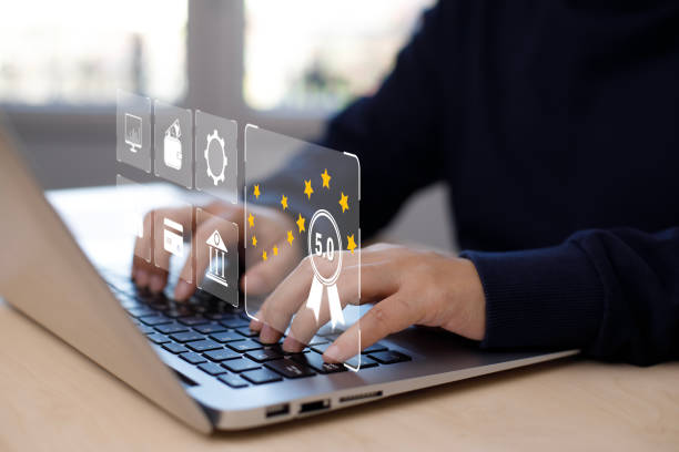 istock Man using laptop with Customer review satisfaction feedback survey concept, Customer review with feedback survey ,The concept of consumer reviews with review people icon with smartphone reviews. 1473971854