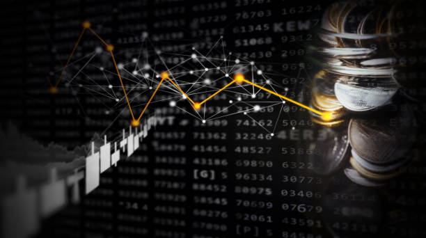 istock Double exposure image of coin stacks on technology financial graph background. 1473971968