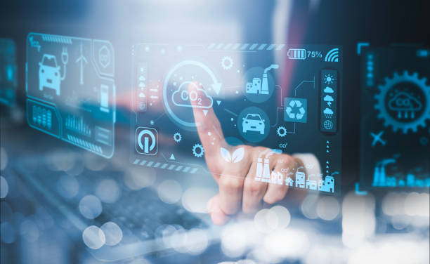 istock Businessman hand touch global network connection with virtual modern reduce CO2 emission concept with icons, global warming emissions carbon footprint climate change to limit global warming, energy 1473972015