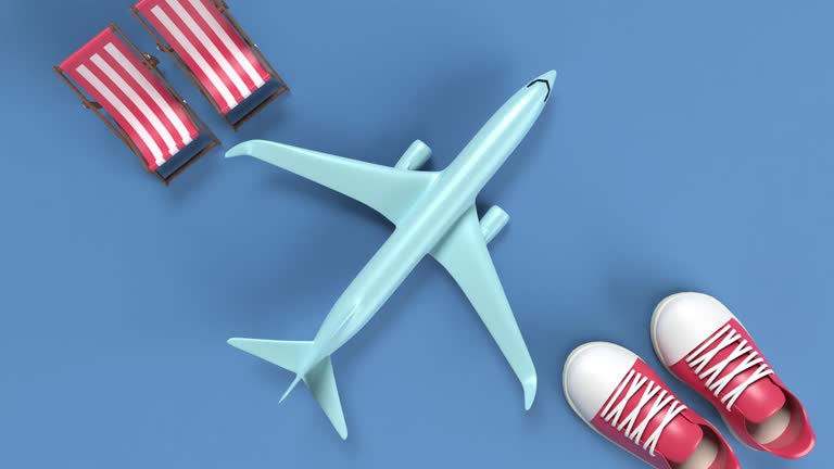 Airplane with Sunbeds and Shoes on Blue Background in 4K Resolution