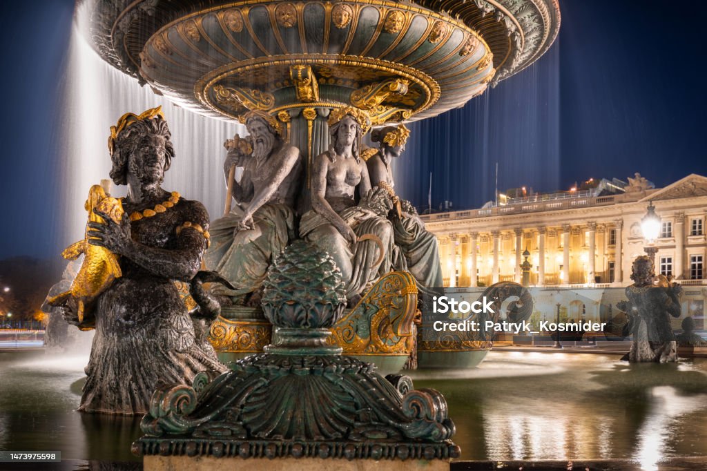 The Fountain of the Seas (Fontaine des Mers) at Place de la Concorde at dusk, Paris. France Architecture Stock Photo
