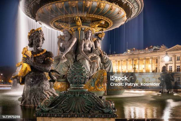 The Fountain Of The Seas At Place De La Concorde At Dusk Paris France Stock Photo - Download Image Now