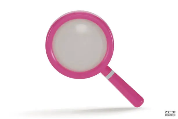 Vector illustration of Realistic pink Magnifying glass with shadow isolated on white background. Lupe 3d in a realistic style. Search vector icon. Discovery, research, search, analysis concept. 3D vector illustration.
