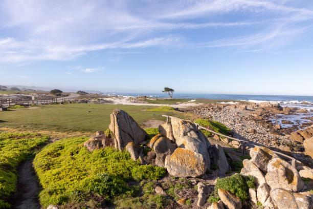 campo de golf panorámico en la costa del pacífico en pebble beach - pebble beach california california golf carmel california fotografías e imágenes de stock