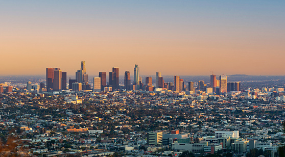 skyline of Los Angeles in smog on a summer day, USA