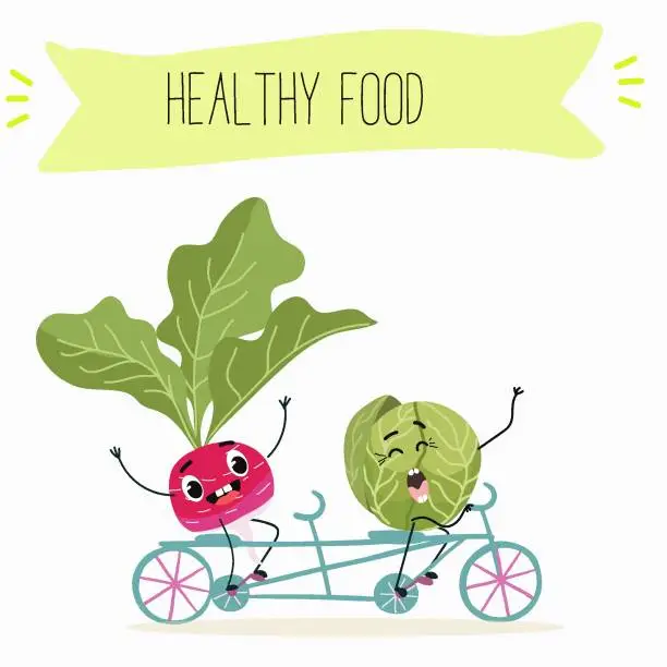 Vector illustration of Illustration with funny characters cabbage, brussels, sprouts, radish   Funny and healthy food. Vitamins, cute face food, ingredients, vegetarian, vector cartoon, agriculture, raw.