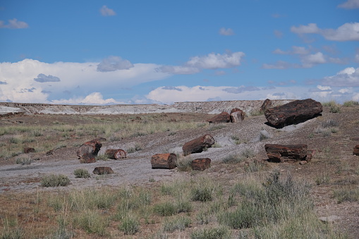 Petrified wood logs and chunks of various sizes, shapes and colors laying around located inside Petrified Forest NP.  Ancient civilization structure built with petrified wood in the park against a blue cloud sky.
