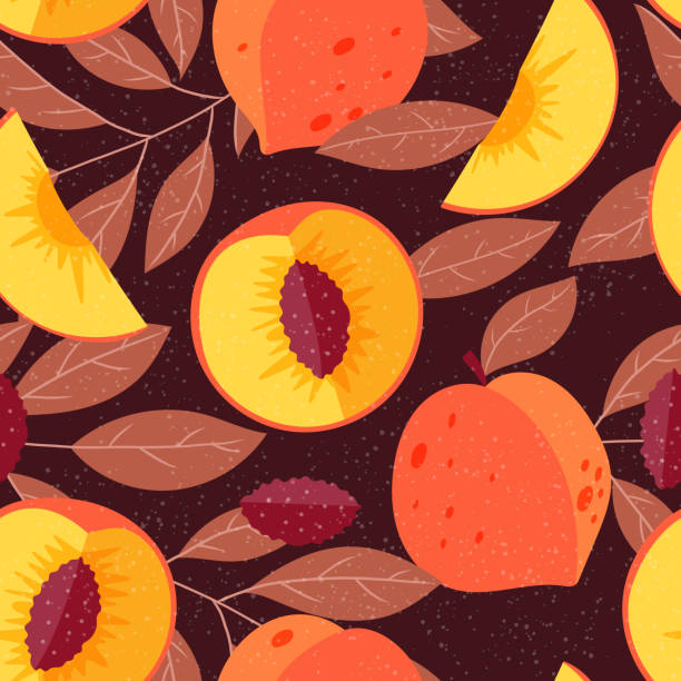 ilustraciones, imágenes clip art, dibujos animados e iconos de stock de melocotón maduro entero o nectarina, media fruta con hueso, ramita con hojas. patrón tropical sin costuras vectorial. - nectarine