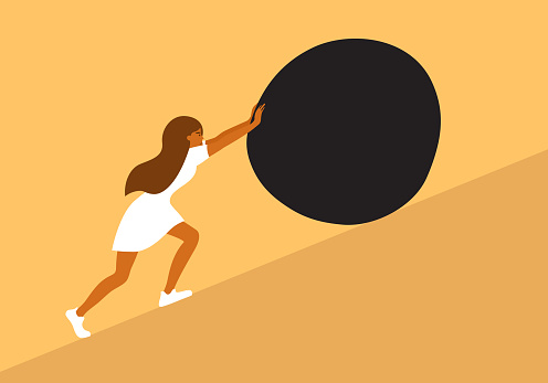 Sad woman pushing big stone up hill. Unhappy female in white dress pull heavy rock to mountain. Tired girl lift boulder by hands. Burden, effort, problem. Mother or wife hard work. Vector illustration