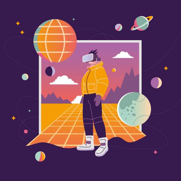 istock Concept of virtual reality tech, metaverse, cartoon style. Boy in VR glasses on Background with space, planets and stars, retro futurism. Trendy modern vector illustration, hand drawn, flat 1473981116