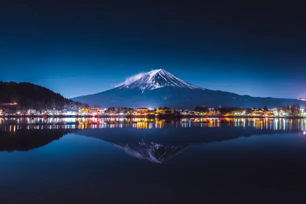 Kawaguchiko lake and Mt.Fuji at night