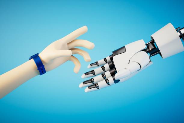 istock robots replace humans. human and mechanical hands reaching for each other. 3D render 1473982652