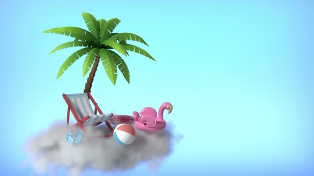 Surrealistic Summer Holiday Scene on Clouds Against Blue in 4K Resolution