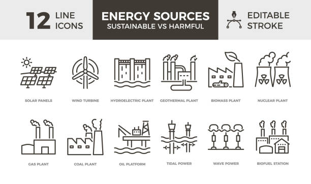 illustrazioni stock, clip art, cartoni animati e icone di tendenza di fonti energetiche, sostenibili vs dannose. icone vettoriali a linee sottili con impianti, fabbriche, stazioni e generatori di energia eco e combustibili fossili - coal fired power station