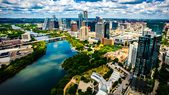 Aerial drone view of the gorgeous cityscape of Austin , Texas , USA
