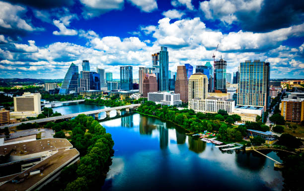 Perfect blue reflections of Austin Texas Cityscape of Town Lake stock photo
